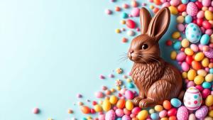 Celebrate spring with this festive PowerPoint background featuring a chocolate bunny, pastel eggs, and candy—perfect for Easter slides.