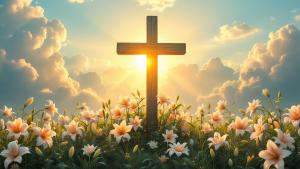 Sunlit cross with lilies Easter background—ideal for worship slides, spiritual presentations, and messages of hope and resurrection.