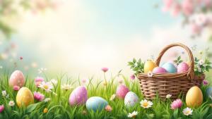 Bright Easter basket background with colorful eggs, flowers, and green grass—perfect for spring events, presentations, and announcements.