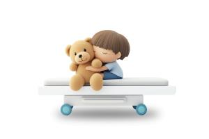 Illustration of a child hugging a teddy bear on a patient table—perfect for pediatric care, emotional support, and parenting presentations.