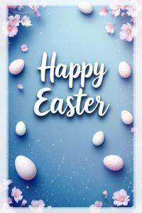 This Easter greeting card features colorful eggs and flowers on a soft blue background.