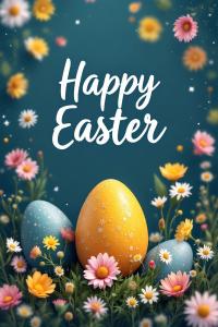 This vibrant Easter background features decorated eggs and flowers, perfect for festive presentations.