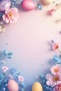 A pastel Easter background featuring eggs and flowers, perfect for greeting cards or festive presentations.
