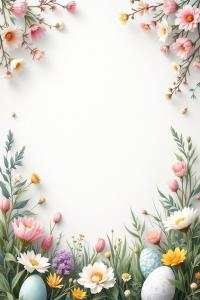 This image features a floral Easter greeting card design with vibrant flowers and decorative eggs.