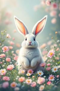 A fluffy bunny surrounded by colorful flowers, perfect for Easter greetings.