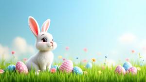 A cheerful Easter bunny surrounded by colorful eggs in a sunny field.