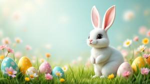 This image showcases a cute Easter bunny surrounded by colorful eggs and flowers in a spring setting.