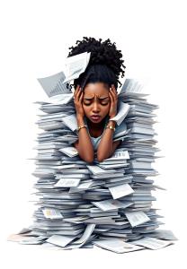 A stressed out worker surrounded by a chaotic pile of papers, illustrating workplace anxiety.