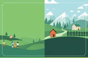 This image features a split landscape showing a vibrant community scene and a tranquil rural setting.

