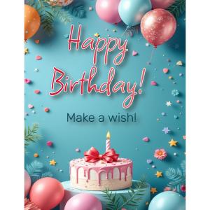 Colorful birthday cake clipart with balloons and confetti—perfect for party slides, greeting cards, or cheerful celebration presentations.