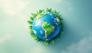 This Earth Day background features a globe surrounded by green leaves, symbolizing environmental awareness.