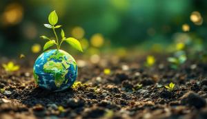 This image showcases a globe sprouting greenery, symbolizing growth and environmental awareness.