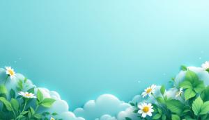 This image features a blue sky with clouds and a border of daisies and leaves, perfect for Earth Day themes.