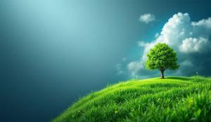 This image features a vibrant green hill with a tree under a blue sky, perfect for Earth Day themes.