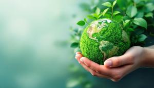 This image depicts a hand holding a green globe, symbolizing Earth Day and environmental care.