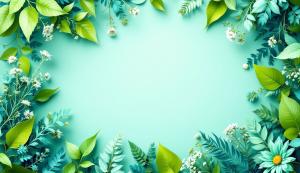 This vibrant Earth Day background features lush greenery and flowers on a turquoise backdrop.