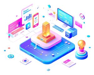 This image illustrates a modern data center surrounded by various digital elements representing information technology.