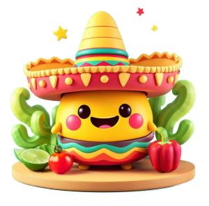 A cheerful Cinco de Mayo figure wearing a sombrero, surrounded by festive elements like lime and cacti.