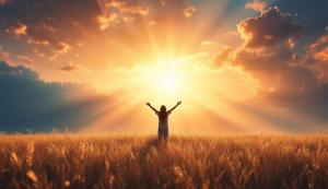 This image features a person embracing a sunrise in a golden field, symbolizing hope and prayer.