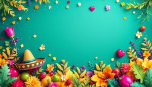 This colorful Cinco de Mayo background features flowers, fruits, and a sombrero on a turquoise backdrop.