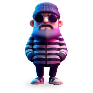 Cartoon robber in a striped jacket, complete with sunglasses and a beanie, standing confidently.