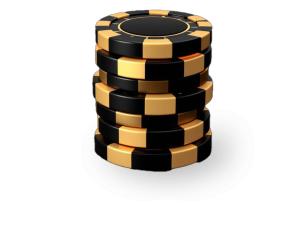 A visually striking stack of black and gold poker chips against a dark background.