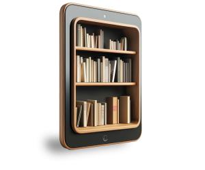 This image features a bookshelf integrated into a modern tablet design, blending technology and literature.