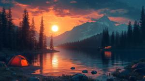 A vibrant summer camping scene at sunset with a tent by a tranquil lake and mountains in the background.

