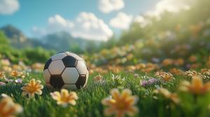 A soccer ball on a flower-filled field under a bright sky, symbolizing outdoor sports and joy.