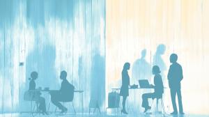 This image depicts a business environment with silhouettes engaging in professional discussions.

