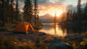 A vibrant camping scene with an orange tent by a tranquil lake at sunset.

