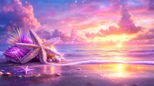 A beautiful summer beach sunset with seashells and a starfish on the shore.

