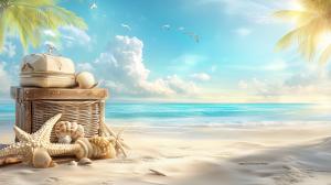 A serene beach scene with a crate, seashells, and a stylish bag, perfect for summer vacation themes.

