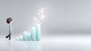 This image depicts a person walking towards pastel bar graphs, symbolizing business growth and progress.