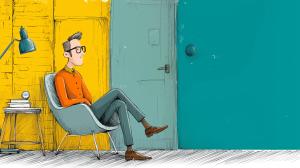 This cartoon image features a therapist in a colorful, inviting office setting.