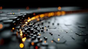 This tech-inspired background features hexagonal shapes and warm orange lights, ideal for modern presentations.

