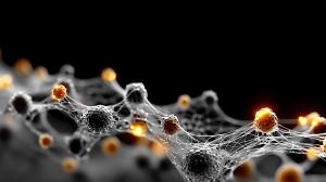 This abstract scientific image features interconnected nodes with glowing highlights, ideal for science presentations.

