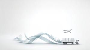 This image features an abstract transportation theme with a truck and airplane against a light background.

