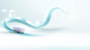 This image depicts an abstract representation of transit logistics with a truck on a flowing path.

