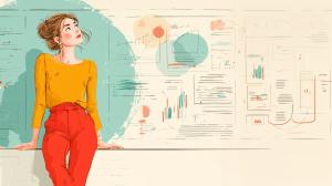 This image features a woman in front of business charts, symbolizing planning and strategy in a creative style.