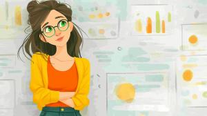 This image depicts a thoughtful woman in front of business charts, symbolizing planning and creativity.