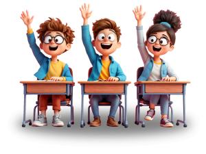 Kids with raised hands in a classroom setting, showcasing enthusiasm and engagement.

