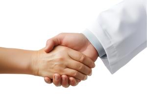 Showcase doctor-patient trust with handshake clipart, ideal for healthcare presentations about communication, compassion, leadership, and care.