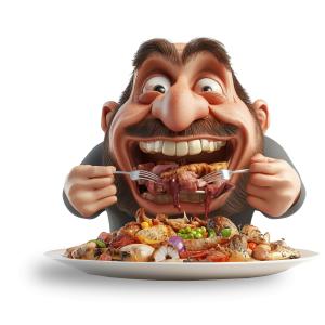 Use this cartoon greedy man feast clipart to illustrate themes of gluttony, excess, eating habits, and cultural views on food consumption.