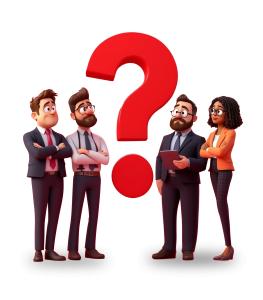 Use this clipart of professionals discussing strategy with a question mark to highlight teamwork, uncertainty, and problem-solving in business slides.