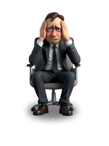 Cartoon businessman stressed in swivel chair—perfect clipart for presentations on workplace anxiety, corporate pressure, or mental health topics.