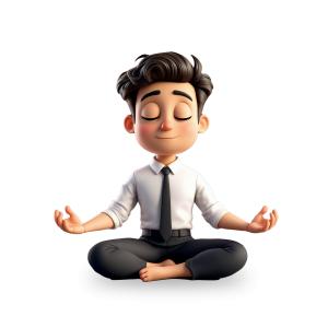 A cartoon man in a formal outfit meditating peacefully with a serene expression.

