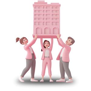 This image depicts three people joyfully lifting a pink building, symbolizing teamwork and collaboration.

