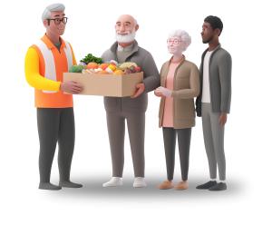 This image depicts a food giveaway with a diverse group of individuals receiving groceries.