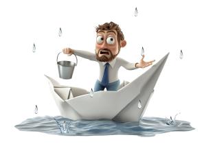 Businessman in sinking paper boat clipart—perfect for presentations about risk, resilience, leadership, and crisis management.